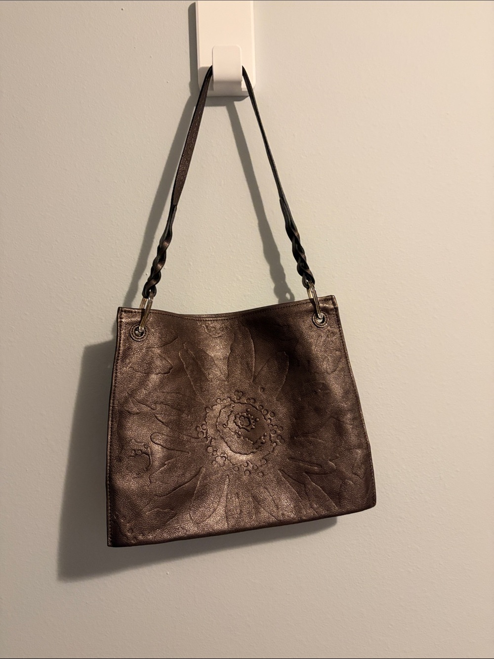 Brighton Metallic Chocolate Brown Floral-Embossed Shoulder Bag